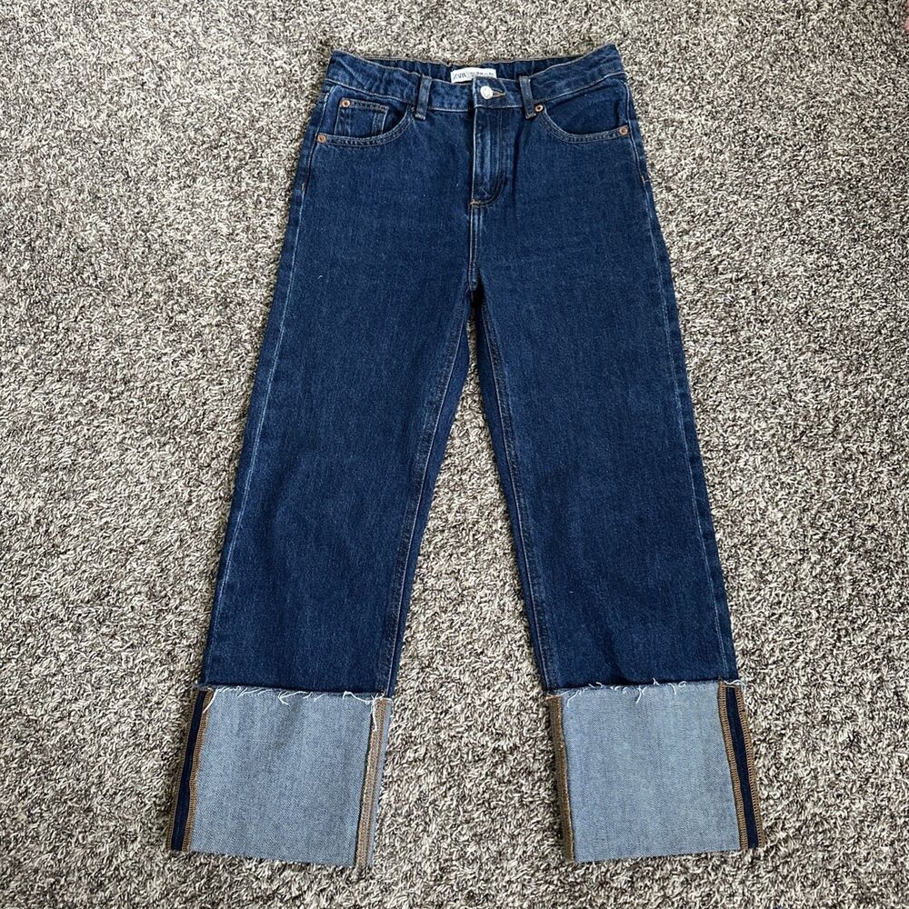 Zara Girls Size 13-14 High Waist Cuffs Blue Jeans Denim 164 Cm
